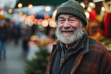Portrait of senior man at Christmas market in Prague, Czech Republic