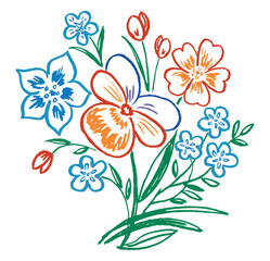 Bouquet,spring flowers,contour drawings, floral design element,violets, daisy,tulip, leaves, petals, bunch,posy, orange,blue, greeting,card,vector textured hand drawn illustration isolated on white - 774969744
