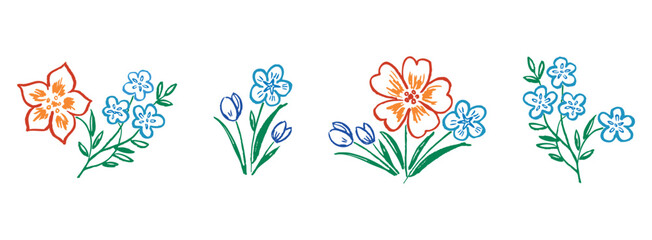 Flowers,contour drawings, floral design elements, daisy, leaves, petals, violets, bunch, orange,blue, vector textured hand drawn illustration isolated on white - 774969949
