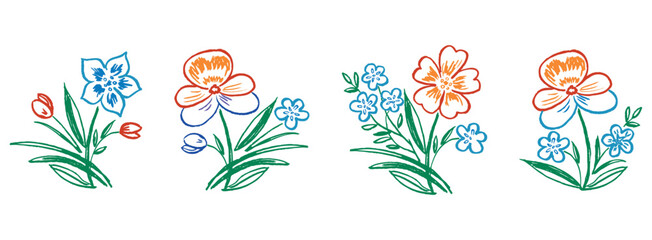 Flowers,contour drawings, floral design elements,violets, daisy, leaves, petals, bunches, orange,blue, vector textured hand drawn illustration isolated on white - 774969951