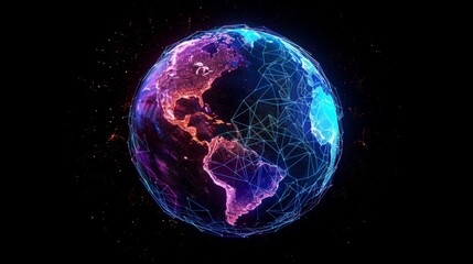 Graphic representation of the Earth illuminated with digital network connections, showing global interconnection and the digital information age in which we live. - obrazy, fototapety, plakaty
