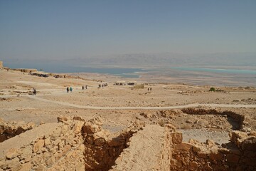Aerial view of Masada with ancient fortress and rocky mountains in Israel