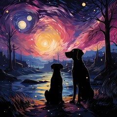 two dogs in an imaginary world