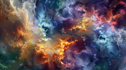Obraz na płótnie Canvas Swirling galaxies of color merging and colliding in a cosmic ballet of creation.