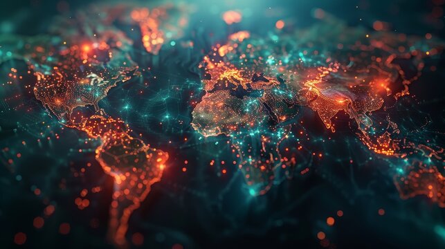 Futuristic visualization of a global network with points of light and data streams depicting intense communication and information exchange around the world