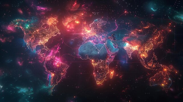 A futuristic global network map, with neon-colored data paths glowing against the continents, depicting the extensive reach of internet connectivity