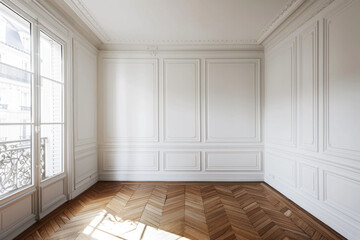Empty room with parquet floor and white wooden paneling on the walls, modern elegant and chick
