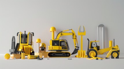 Construction machinery, machines, equipment. Background, concept with tractor, bulldozer, excavator for advertising of construction, repair, construction firms.