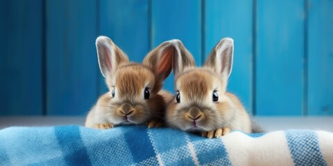 Two cute rabbits are sitting on blue knitted plaid