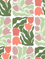 70s retro flowers seamless pattern. Groovy tulips composition pattern for fashion prints. Aesthetic contemporary vector illustration.