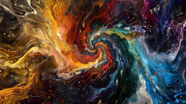 Swirling galaxies of color merging and colliding in a cosmic ballet of creation.