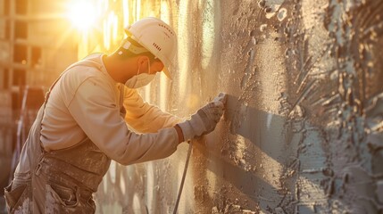 Worker, builder, molarist, plasterer performs his work wearing a helmet. Construction profession, work on the construction of buildings and structures. - obrazy, fototapety, plakaty