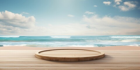 Wooden platform podium with beach in the background