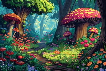 a colorful forest with mushrooms and flowers - obrazy, fototapety, plakaty