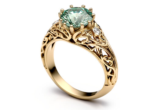 3D rendering of a yellow gold ring with a diamond and filigree in the style of filigree, isolated on a png background, generative ai