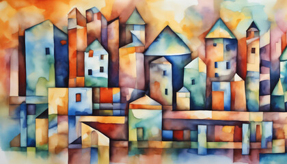 Colorful Abstract Geometric Watercolor Town Illustration