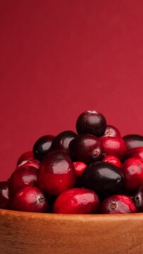fresh red cranberries, rotation in circle. lingonberry red berries in a wooden bowl on a red background, Turning. selective focus. Vertical video	
