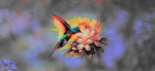 Hummingbird Feeding on Jasmine Flower Against Colorful Bokeh Blur Background