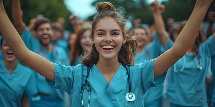 Celebratory Moment: Young Nursing Student and Team in Scrubs Led by Proud Doctor Intern. Concept Nursing Student, Doctor Intern, Scrubs, Celebratory Moment, Team Collaboration