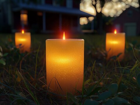 Three candles are lit in a field, creating a warm and inviting atmosphere. The candles are placed in the grass, surrounded by the natural beauty of the outdoors. Concept of relaxation and tranquility
