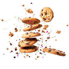 Flying pile cake crumbs chocolate chip cookies isolated on transparent background Remove png, Clipping Path, pen tool