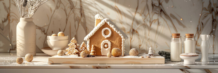 Cozy Christmas Scene with Gingerbread House and Festive Decorations in Warm Kitchen Setting