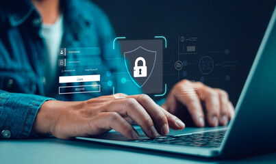 cybersecurity and Global network security technology concept,Businessman protecting personal data on computer with virtual interface, internet secure technology.cyber security
