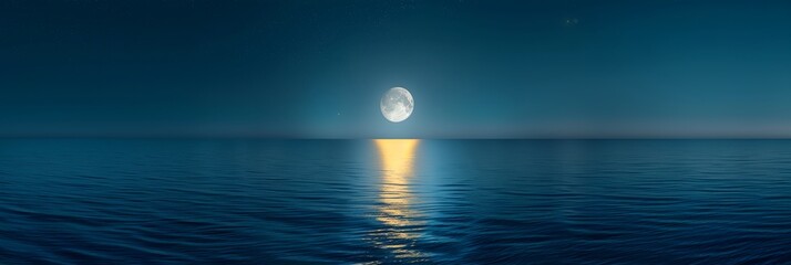 A large moon is reflected in the calm ocean waters - obrazy, fototapety, plakaty