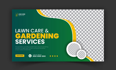 Organic food and agriculture service YouTube video thumbnail design, modern lawn mower garden, or landscaping service social media cover or post template with abstract green and yellow color shapes