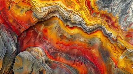 Psychedelic patterns of bright yellow red and orange hues dancing across the surface of a natural rock formation - obrazy, fototapety, plakaty