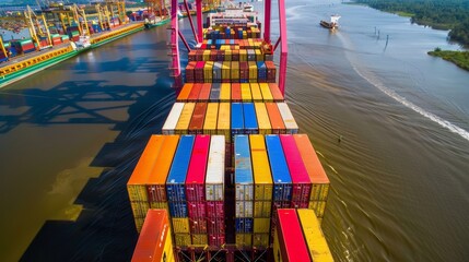 A large freight ship being loaded with colorful cont  AI generated illustration