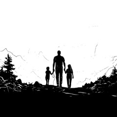 family walking in the woods