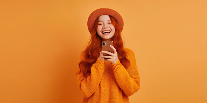 Happy young woman with long red hair in sweater and beret standing over white wall background, holding mobile phone on orange color background,High resolution professional photography