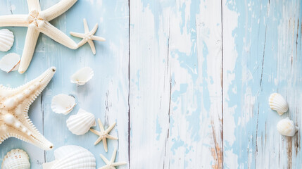 Fototapeta na wymiar Starfish and seashells arranged on a light blue wooden surface, capturing the essence of the sea and beach vacations.