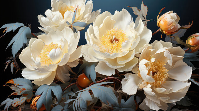 Large white peonies with gold leaves, illustration, volumetric, fresco, building, art, painting, Generative AI