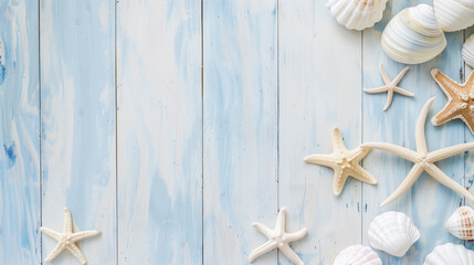 Starfish and seashells arranged on a light blue wooden surface, capturing the essence of the sea and beach vacations.