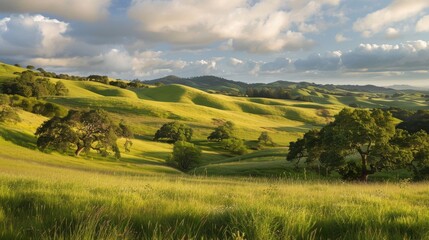 A peaceful countryside scene with rolling hills AI generated illustration