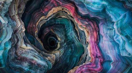 Psychedelic swirls of vibrant pink blue and green hues in natural rock formation evoking a...