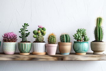 Different types of cactuses on wooden shelf