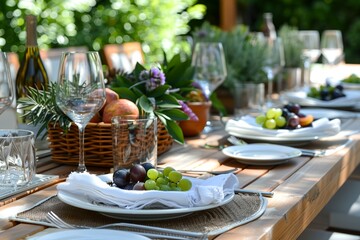 Summer garden table setting, elegant summer outdoor dinner.