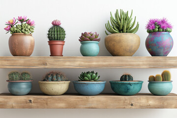 Different types of cactuses on wooden shelf - obrazy, fototapety, plakaty