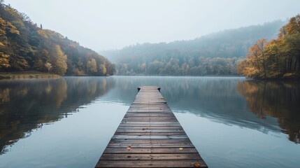 A peaceful lake with  dock stretching out into the   AI generated illustration - obrazy, fototapety, plakaty