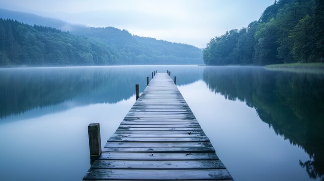 A peaceful lake with  dock stretching out into the  AI generated illustration