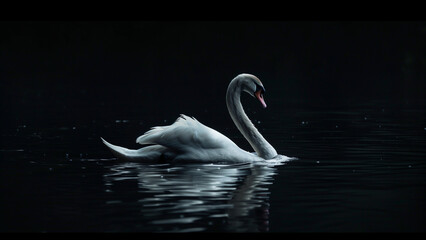 A Swan’s Side View Floating in Spotlight