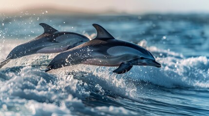 A pod of dolphins leaping joyfully through the waves  AI generated illustration