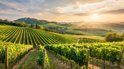 A picturesque vineyard with rows of grapevines  AI generated illustration - obrazy, fototapety, plakaty