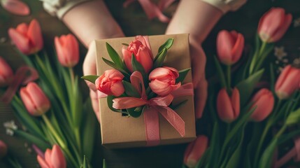 A precious gift box with tulips and ribbon being cra  AI generated illustration