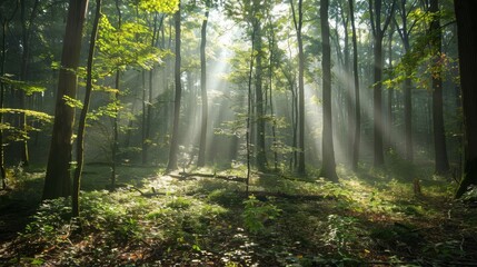 A quiet forest with sunbeams filtering through the t  AI generated illustration