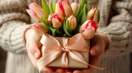 A precious gift box with tulips and ribbon being cra AI generated illustration
