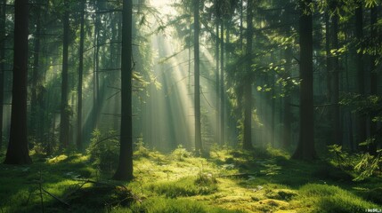 Fototapeta na wymiar A quiet forest with sunbeams filtering through the t AI generated illustration